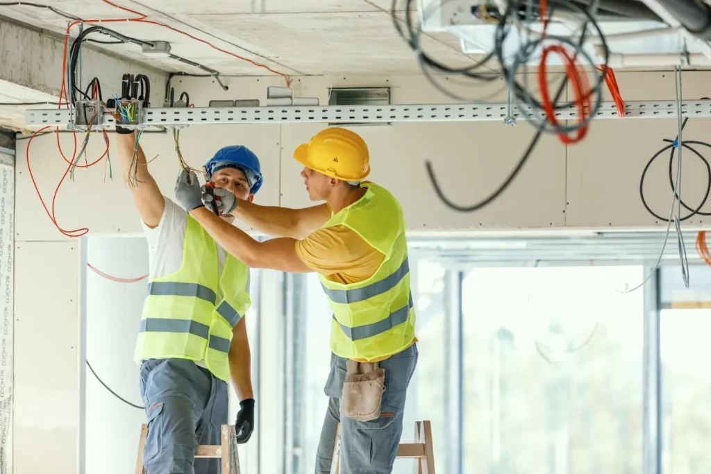 Two electricians performing electrical remodel services & installing wires in San Jose, CA