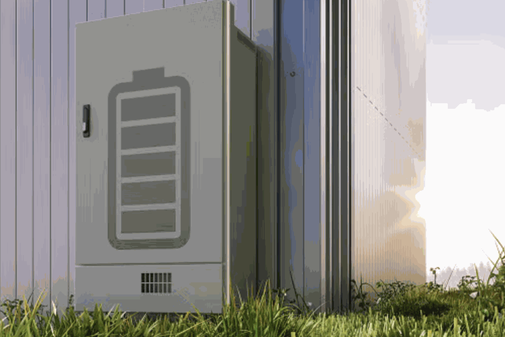 Outdoor battery backup system unit beside the building in San Jose, CA
