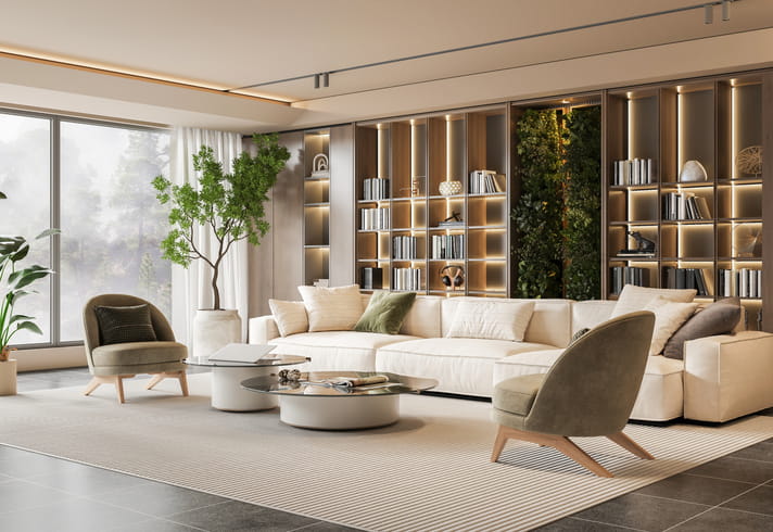 Modern living room with warm ambient lighting in San Jose, CA